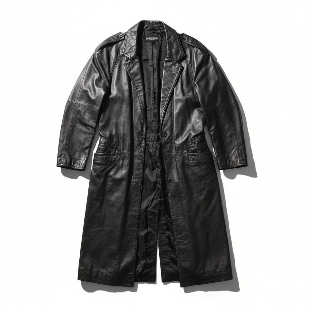 Brentwood Black Leather Trench Coat Long Jacket Epaulettes RN 22352 M Vintage